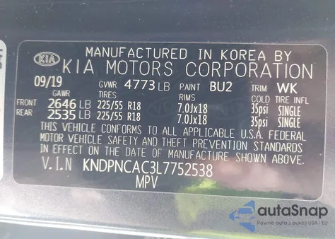 2020 Kia Sportage Ex z USA, uszkodzony, nr VIN KNDPNCAC3L7752538